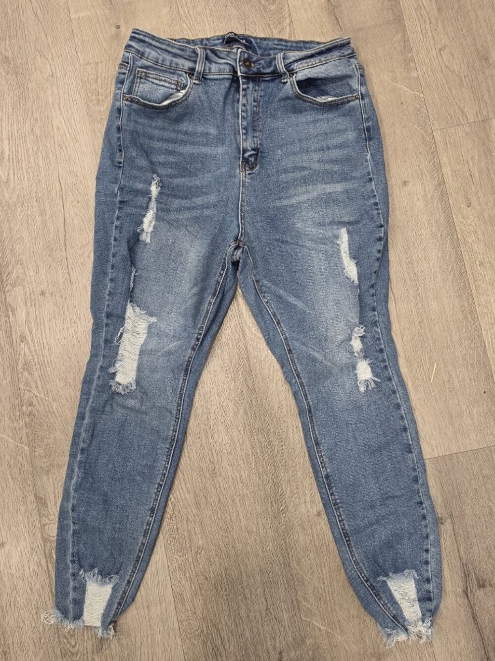Wax Jean Distressed Blue High-Waisted Denim Jogger Pants Size 16 With Frayed Hem